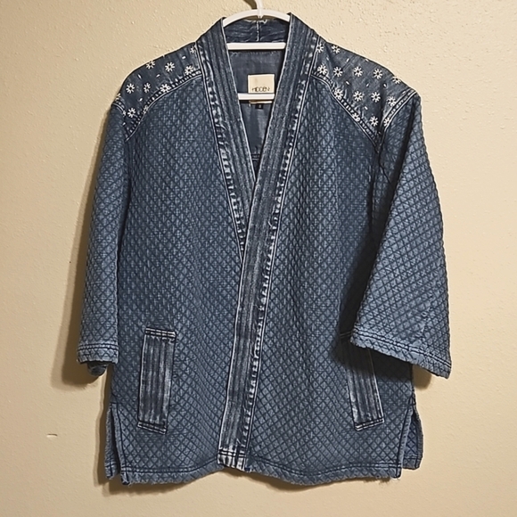 HIDDEN JEANS Denim Quilted Boho Wide Sleeve Drapy Open Front Jacket  Oversized S - Picture 1 of 13